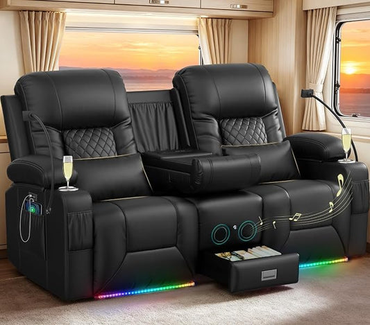 Power RV Loveseat Recliner Sofa, Reclining Loveseat with Flip Back Console, Home Theater Seating with USB Ports, Cup Holders, Wall Hugger Recliners for Movie Room, Black