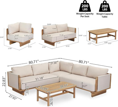 Merax 4 Piece Patio Outdoor Furniture Set, All-Weather V-Shaped Sectional Sofa with Cushions, 1 Coffee Table for Porch, Lawn, Backyard, Balcony, Light Teak+ Beige