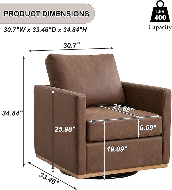 Swivel Accent Chair, 360 Degree Square Swivel Chair for Living Room, Mid Century Modern Upholstered Barrel Chair,Comfy Sofa Armchairs for Bedroom,Nursery,PU Leather, Coffee