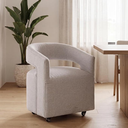 HNY 360° Swivel Chair with Wheels - Modern Linen Upholstered Fabric Barrel Dining Chair, Soft Rolling Kitchen Seating for Living Room, Makeup Vanity, Dining Room, Light Grey