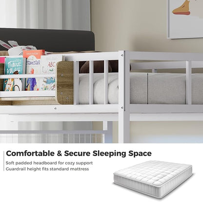 Kikihouse Full Over Twin Loft Bunk Bed with Desk, Stairs, Drawers & Storage Shelves, L-Shaped Metal Bunk Bed with Charging Station & LED Light for Kids, Teens, Adults (Full Over Twin)
