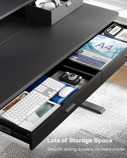 HUANUO 48 x 30 inch Electric Standing Desk with 2 Wood Drawers, Adjustable Height Sit Stand Desk for Home Office, Ergonomic Stand up Desk with 4 Memory Presets, 176 lbs Capacity, Black Top