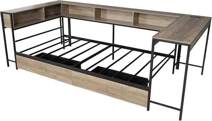 Bellemave Twin Corner Bed Frame with Desk and Storage, Twin Size Captains Bed with Charging Station and LED Light, Wood Daybeds with L-Shaped Bookcase and 2 Drawers, Grey