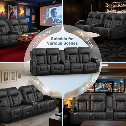 Recliner Sofa, Home Theater Seating with Center Console, 4 Seat Reclining Couch with USB Ports & Phone Holders, Wall Hugger RV Sofa Furniture Loveseat Recliner Couch with Storage & Pocket