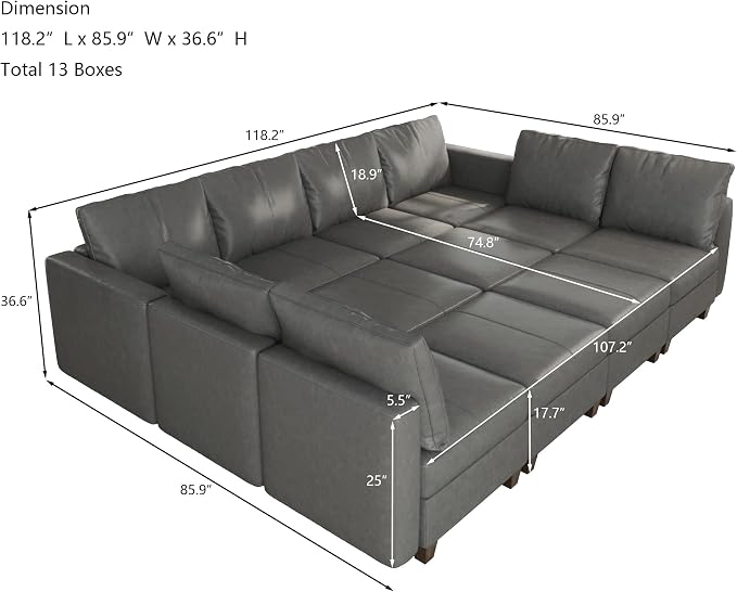 EASE MOOSE Oversized Modular Sectional Sleeper Sofa with Storage, Faux Leather sectional Sofa Large Modular Sofa Couch Sleeper for Living Room,Grey