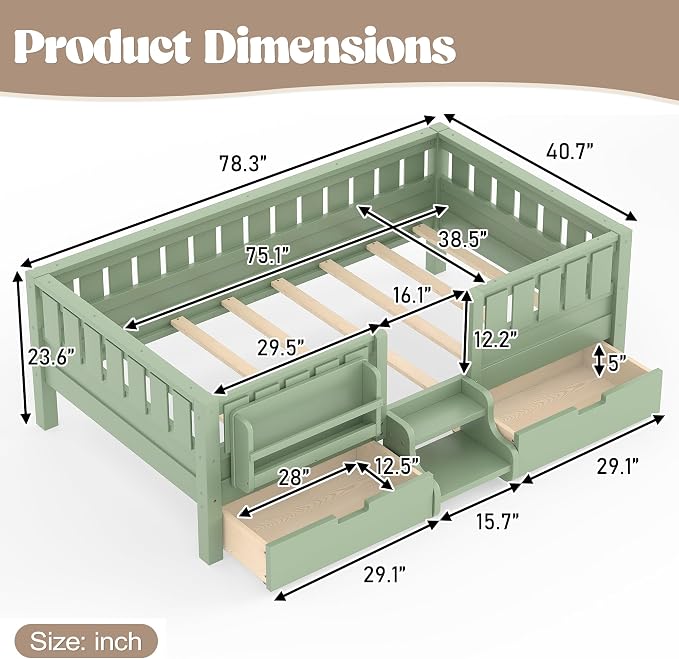 Bellemave Twin Montessori Bed with Stairs, Rails and Slats, Twin Size Montessori Floor Bed with Bookshelf and 2 Storage Drawers, Easy Assemble Beds Frame for Girls, Boys, Avocado Green