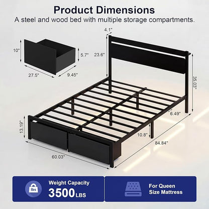 Queen Bed Frame with Drawers, Platform Bed with LED Lights & Charging Station, Wood Headboard, Strong Metal Slats Support, No Box Spring Needed, Noise Free, Easy Assembly