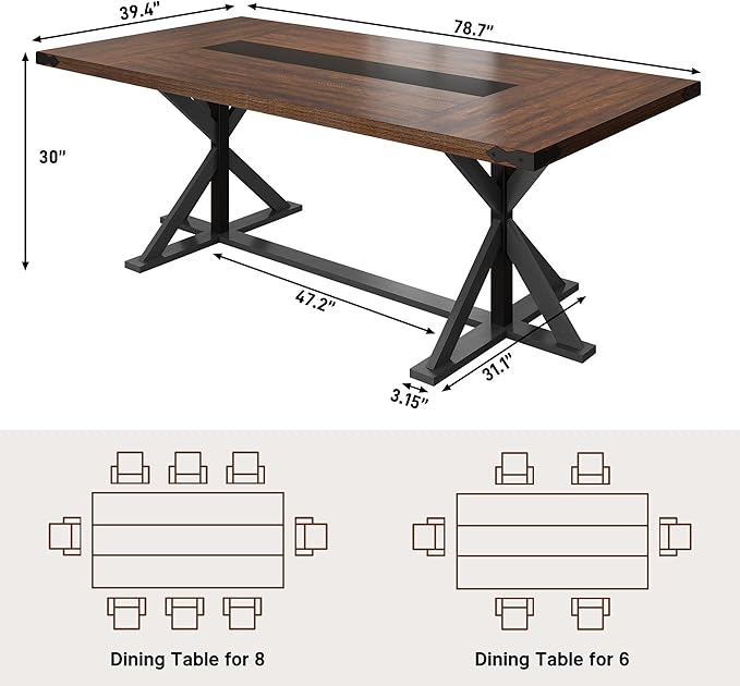 Hlivelood Dining Table for 6 8 People,Rectangular Kitchen Farmhouse Table W/Waterproof Wood Tabletop,Long Dining Room Tables W/Wood Strip Base for Kitchen Living Room(78IN BR&BK)