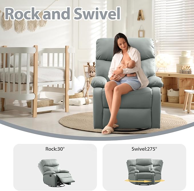 Genuine Leather Rocker Recliner Modern Manual Swivel Glider Recliner with Adjustable Backrest & Footrest Wall Hugger Swivel Rocking Recliner Chair for Modern Living Room and RV Green