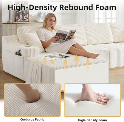 130" U-Shaped Modular Sectional Sofa with Chaise, Boneless Corduroy Flexible Module Seating for Living Room, Cloud Couch with Cup Holders and Side Pockets, No Assembly (Beige)
