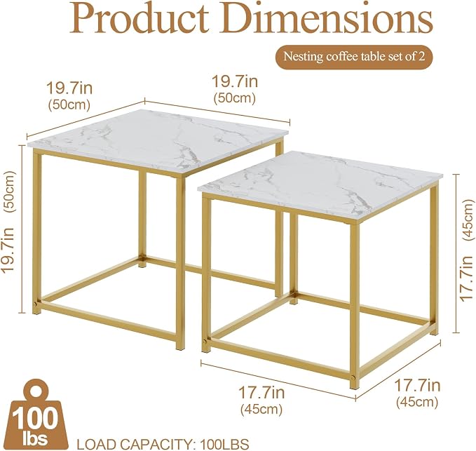 Garden 4 you Coffee Table Set of 2, Modern Engineered Wood Nesting Table, Metal Frame Square Center Table Set, Side Tables, Nesting Coffee Table for Living Room, Bedroom and Small Spaces, 19.7in Gold