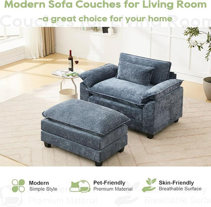 Oprisen 53" Modular Sectional Sofa, Comfy Cloud Couch Sectional Sofa with Ottoman, Chenille Sofa Sleeper Deep Seat Sofa with Throw Pillows for Living Room (Blue)