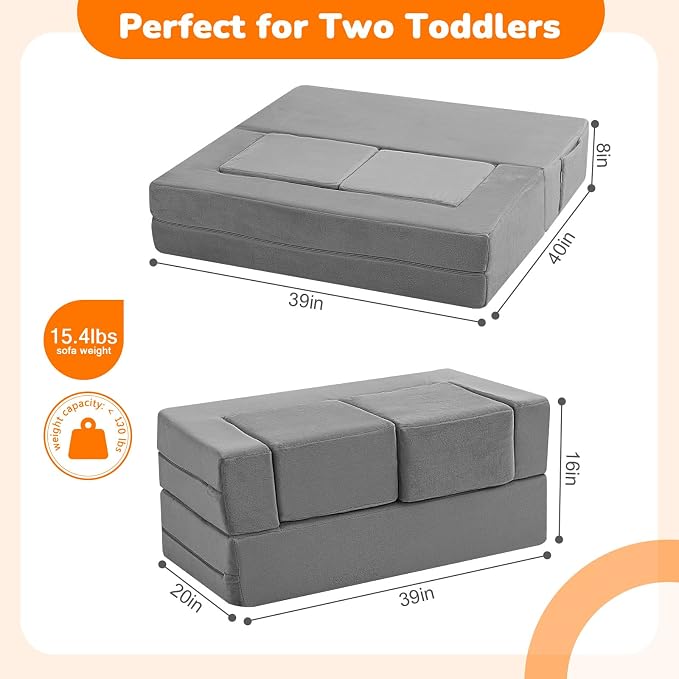 MeMoreCool Kids Play Couch Sofa – Grey Modular Convertible Foam Couch Soft Fold-Out Toddler Seating for Creative Play, Reading, Resting & Playroom Fun