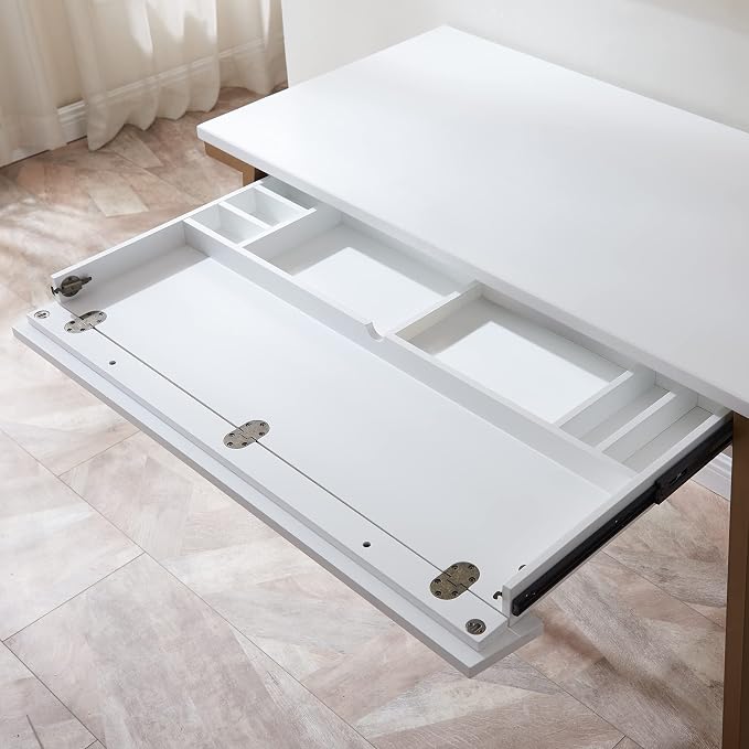 Leick Home 11400-WT Empiria Mixed Metal and Wood Computer Desk with Drop Front Keyboard Drawer, White/Gold