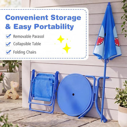 Costzon Kids Picnic Table, Kids Outdoor Table with 2 Folding Chairs, Height Adjustable Umbrella, Portable Children Outdoor Furniture for Patio, Garden, Backyard (Blue Shark)