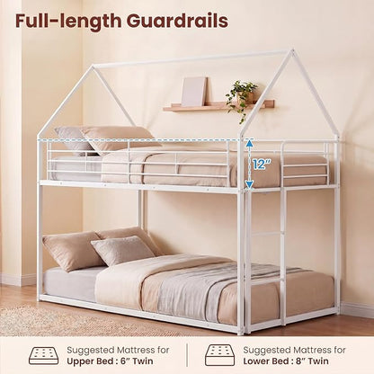 Giantex Twin Over Twin Metal Bunk Bed, House-Shaped Bunk Bed Frame with Safety Guardrail & Roof, Heavy-Duty Kids Floor Bed with Metal Slats for Boys Girls, No Box Spring Needed (White)