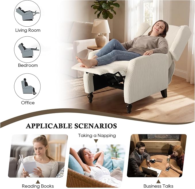 Upholstered Wingback Recliner Chair, Cozy Corduroy Manual Push Back Recliner for Living Room, Bedroom (2, Beige)