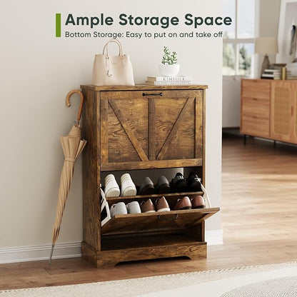Smart FENDEE Shoe Cabinet, Shoe Storage Cabinet for Entryway with 2 Flip Drawers, Narrow Farmhouse Shoe Organizer Cabinet, Slim Shoe Rack Cabinet, 23.6in Rustic Brown