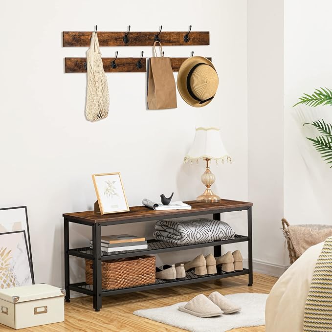 HOOBRO Hall Tree Entryway Storage Bench, Coat Rack Shoe Bench, Shoe Rack Organizer with Coat Hooks, 3-in-1 Design, Wooden Furniture with Metal Frame, Rustic Brown and Black BF171MT01