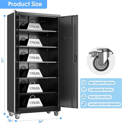 Reemoon Metal Storage Cabinet with Wheels and Pegboard, 71" Tall Garage Storage Cabinet with 5 Adjustable Shelves and Locking Doors, Heavy Duty Steel Utility Cabinet for Office