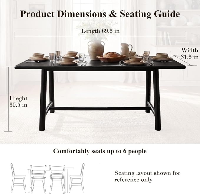 Ya-Home Black Dining Table, 69" Wood Kitchen Table with Solid Wood Legs, Seats 4-6, Modern Farmhouse Dinner Table for Dining Room Home Office, 69" L x 31.5" W x 30" H