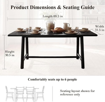 Ya-Home Black Dining Table, 69" Wood Kitchen Table with Solid Wood Legs, Seats 4-6, Modern Farmhouse Dinner Table for Dining Room Home Office, 69" L x 31.5" W x 30" H