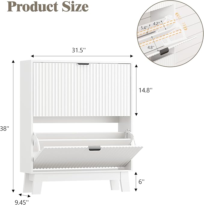 HUANLEGO Shoe Cabinet Storage for Entryway with 2 Flip Drawers, Fluted Narrow Shoe Organizer with Wooden Legs, Freestanding Slim Shoe Storage Hidden Shoe Rack Organizer for Front Door Entrance, White