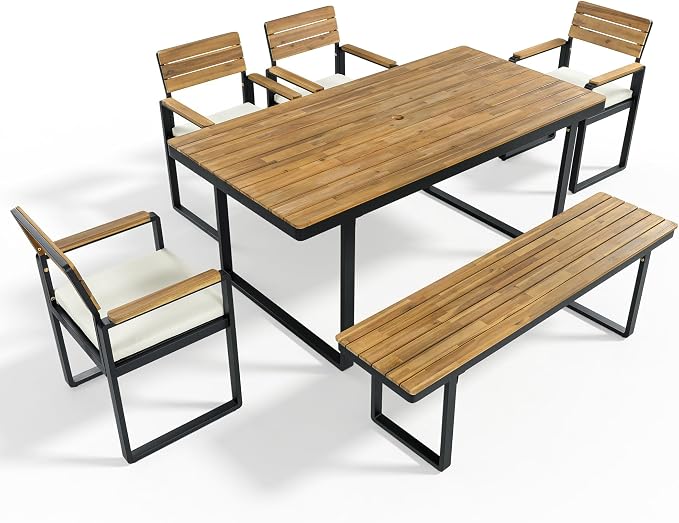 Quarte 6-Piece Outdoor Dining Set with 1 Acacia Wood Table and 4 Chairs & 1 Bench, Adjustable Feet for Patio, Garden, Backyard Family Meals BBQ Parties (Beige-AA)