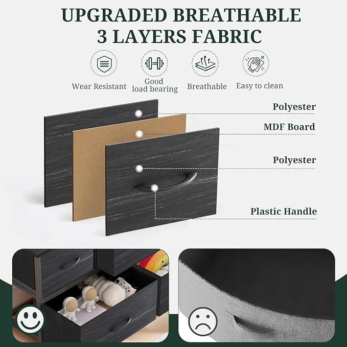 5-Drawer Dresser for Bedroom, Anti-Tip Wide Storage Organizer Fabric Chest of Drawers TV Stand for 45" TV with Wooden Top and Metal Frame for Closet, Living Room, Hallway, Entryway, Charcoal Black