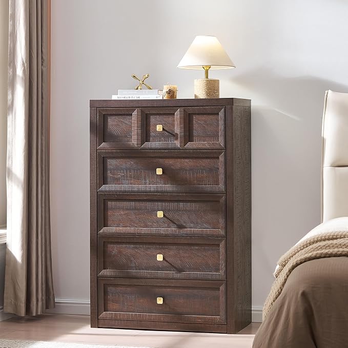 4 Piece Bedroom Set - Includes 6 Drawer Dresser, 5 Drawer Wood Dresser and 3 Drawer King Size Nightstands Set of 2 with Charging Station, 4 Piece Farmhouse Dresser and Nightstand Sets,Brown