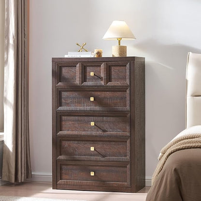4 Piece Bedroom Set - Includes 6 Drawer Dresser, 5 Drawer Wood Dresser and 3 Drawer King Size Nightstands Set of 2 with Charging Station, 4 Piece Farmhouse Dresser and Nightstand Sets,Brown
