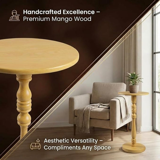 Relso Stambha Solid Wood Drink Table - 24" Tall Round Accent Side Table, Handcrafted Natural Finish, Mango Wood, Perfect for Living Room, Bedroom or Indoor Plant Stand, 12" Compact Top