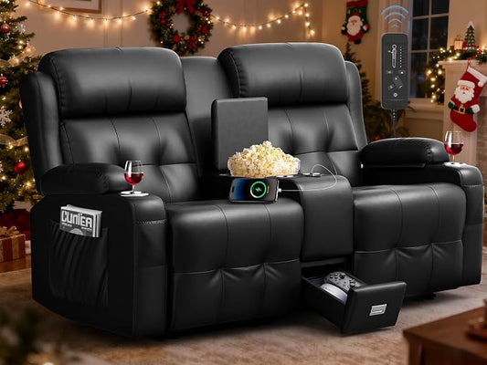 Loveseat Recliner Sofa, Home Theater Seating with Massage, Reclining Loveseats with Console, Wall Hugger RV Couch Movie Theater Chairs, RV Furniture Sofas with USB, Cup Holders, Drawer for Gaming Room