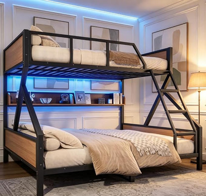 Bellemave Bunk Bed Queen Over King with LED, Heavy Duty Metal Bunk Beds with Storage Shelves and Lights, Woodgrain+Black
