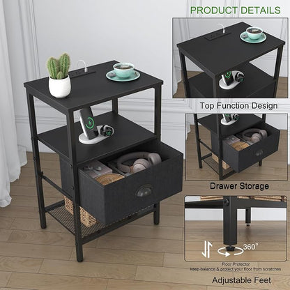 sthmec Nightstands Set of 2, LED Bedside Tables with Charging Station and Fabric Drawer, Night Stand with Storage, 3 Tier Side Table with Open Shelf, LED Nightstand with Charging Station, Black