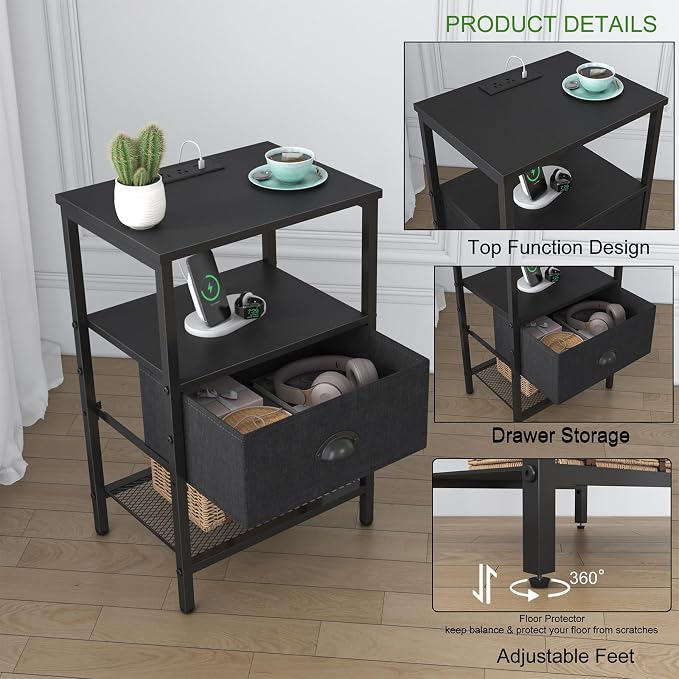 sthmec Nightstands with Charging Station, LED Bedside Tables with Charging Station and Fabric Drawer, Night Stand with Storage, 3 Tier Side Table with Open Shelf, LED Nightstand Bedside Table,Black