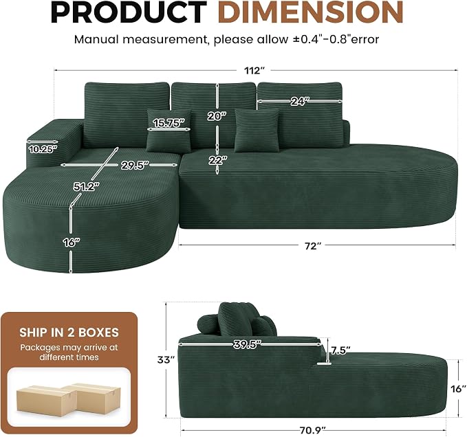 112" Modular Curved Sofa, Oversized Couches for Living Room, Modern Cloud Couch with Deep Seat, Corduroy Foam Couch, No Assembly Required, Dark Green, 1PCS