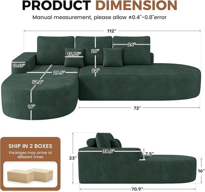 112" Modular Curved Sofa, Oversized Couches for Living Room, Modern Cloud Couch with Deep Seat, Corduroy Foam Couch, No Assembly Required, Dark Green, 1PCS