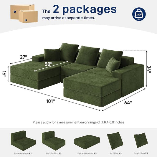 Living&Giving 101" U-Shaped Cloud Sectional Couch for Living Room, Cloud Boneless Couch-No Assembly with Reversible Chaise, Customizable 3-Seat Modular Sectional Sofa with 2 Ottoman, Green