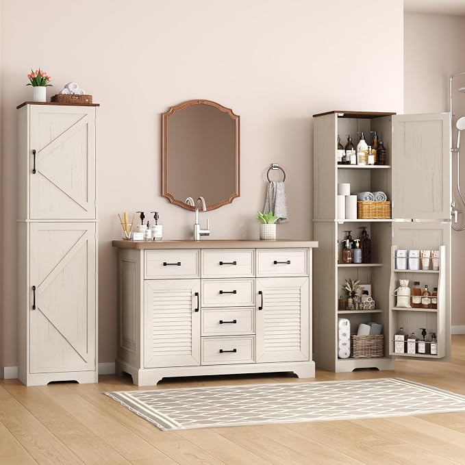 Function Home Farmhouse Kitchen Pantry Cabinet, 64" Tall Slim Bathroom Storage Cabinet, 5 Tier Wooden Floor Cabinets with Barn Doors and Adjustable Shelves for Dining Room Living Room, Antique White