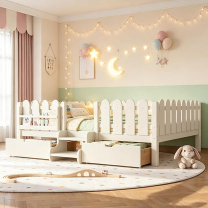 Bellemave Queen Kids Montessori Bed with Stairs, Bookshelf and LED Lights, Solid Wood Kids Bed Frame with Storage Drawers for Boys Girls, Low Profile,Beige