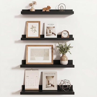Axeman Picture Ledge Shelf | 20 Inch Floating Shelves Set of 4 | Black Wall Shelves with Lip | Black Picture Shelf for Wall with Ledge | Wood Photo Ledges for Living Room Bedroom