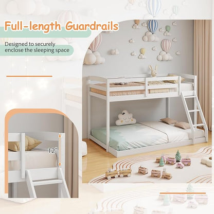 KOMFOTT Low Bunk Bed Twin Over Full, Solid Wood Twin Bed Frame with Built-in Ladder & Safety Guardrails, Space-Saving Low Bunk Bed for Kids, Teens, No Box Spring Needed