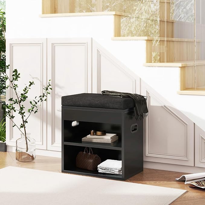 YMYNY Small Shoe Storage Bench with Cushion and Drawer, 2 Tier Adjustable Entryway Bench with Storage, Wooden Shoe Rack Bench for Entryway, Living Room, Hallway, Closet, Bedroom, Black, HSC002B