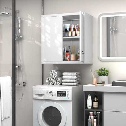 GREATMEET Metal Wall Cabinet, Wall Mounted Storage Cabinet with Lock for Garage Storage, White Floating Cabinet with Doors and Adjustable Shelf for Utility Room