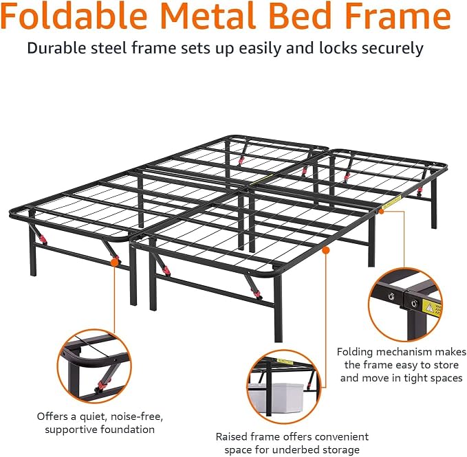 Basics Bed Frame with Storage, Foldable Metal Platform, Sturdy Steel, No Box Spring Needed, 14 inches High, Tool-Free Easy Assembly, Noise-Free, King Size, Black