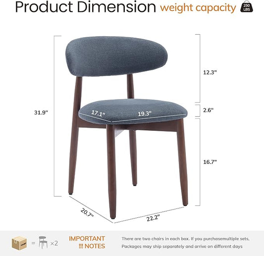 COLAMY Mid-Century Modern Wooden Dining Chair Set of 4, Indoor Upholstered Kitchen Chairs with 2.6" Cozy Padded Seat, Walnut Finish Side Dining Chair, [Blue]