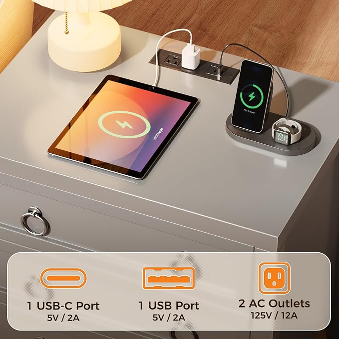 Huuger Paint Night Stand with Charger Station and USB-C Port, 3 Drawer Nightstands Set of 2, Larger Wider Bedside Table, Modern End Table, for Bedroom, Grey Nightstand