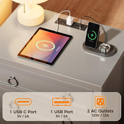 Huuger Paint Night Stand with Charger Station and USB-C Port, 3 Drawer Nightstands Set of 2, Larger Wider Bedside Table, Modern End Table, for Bedroom, Grey Nightstand