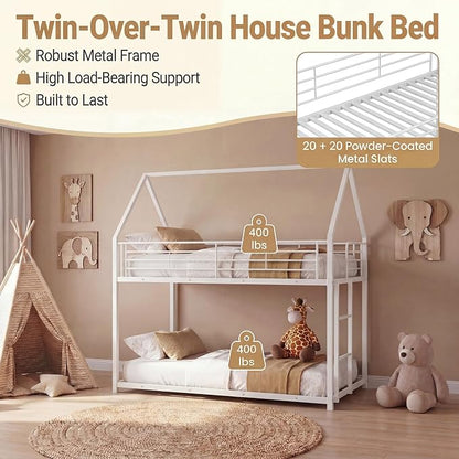 Giantex Twin Over Twin Metal Bunk Bed, House-Shaped Bunk Bed Frame with Safety Guardrail & Roof, Heavy-Duty Kids Floor Bed with Metal Slats for Boys Girls, No Box Spring Needed (White)